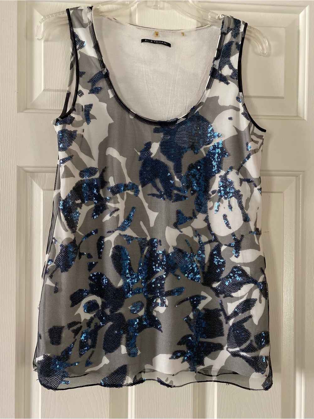 Elie Tahari White, Gray & Blue Sequin Floral Tank